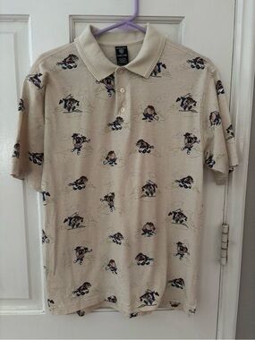Warner Bros. Studio Store Men S Polo Beige Cotton Taz Graphic Short Sleeve